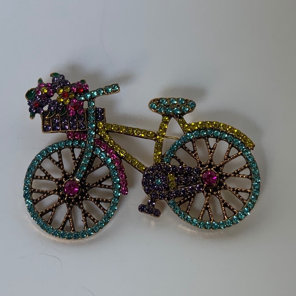 Vintage Colorful Rhinestone Bicycle Brooch Pin Gold Tone Crystal Flower Basket